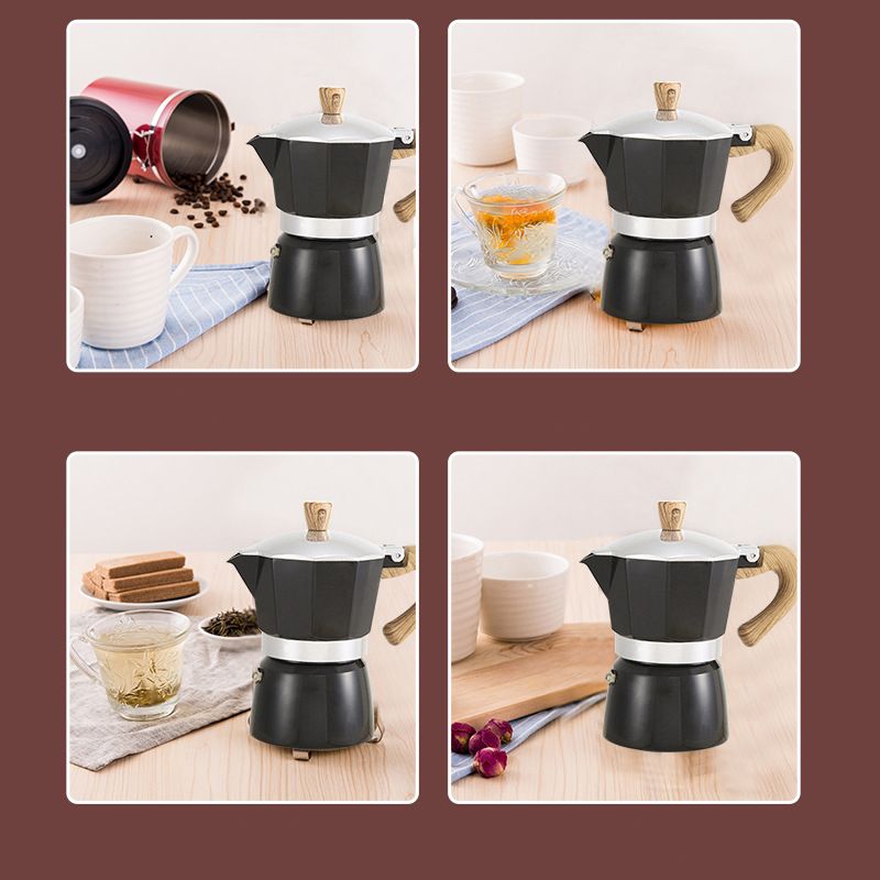 Aluminum Coffee Pot with Wood Grain Handle Moka Coffee Pot Outdoor Portable Coffee Maker Tool Matte Black 150ML