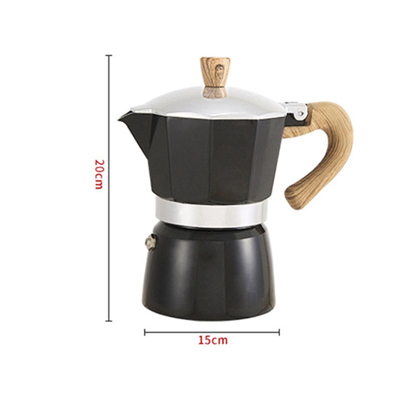 Aluminum Coffee Pot with Wood Grain Handle Moka Coffee Pot Outdoor Portable Coffee Maker Tool Matte Black 300ML