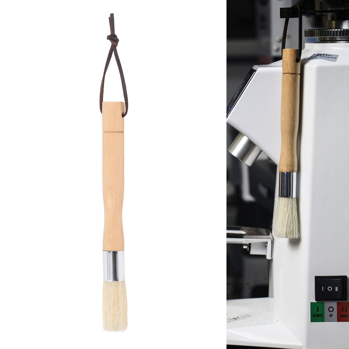 Coffee Grinder Cleaning Brush with Beech Handle Pig Hair Powder Cleaning Brush with Strap for Cafe