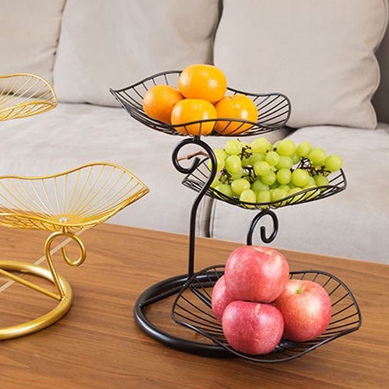 Nordic Style 3 Tier Fruit Basket Modern Multi Layer Fruit Snack Storage Basket for Living Room Coffee Table Lotus Leaf Black