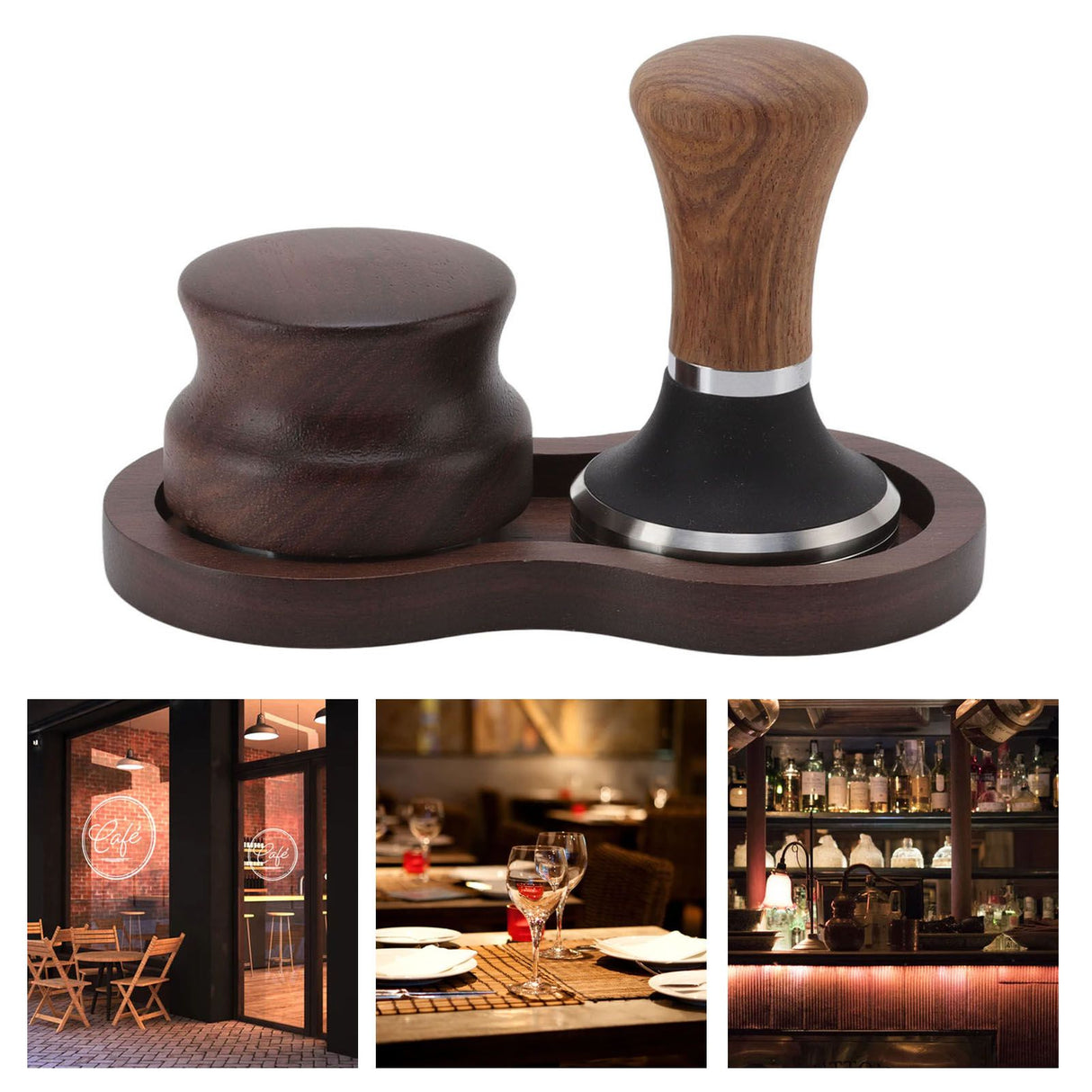 Coffee Hammer Tamping Kit Walnut Stainless Steel Tamper Distributor Set with Universal Base for Kitchen 51mm/2in
