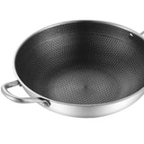 Stainless Steel Wok Pan Double Sided Honeycomb 3 Layer Prevent Sticking Easy Cleaning Wok for Kitchen 32cm/12.6in (No Lid and with Ears)