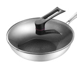 Stainless Steel Wok Pan Double Sided Honeycomb 3 Layer Prevent Sticking Easy Cleaning Wok for Kitchen 32cm/12.6in (with Lid and No Ears)