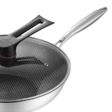Stainless Steel Wok Pan Double Sided Honeycomb 3 Layer Prevent Sticking Easy Cleaning Wok for Kitchen 32cm/12.6in (with Lid and No Ears) - Top-Down View