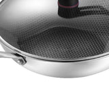 Stainless Steel Wok Pan Double Sided Honeycomb 3 Layer Prevent Sticking Easy Cleaning Wok for Kitchen 32cm/12.6in (with Cover and Ears)