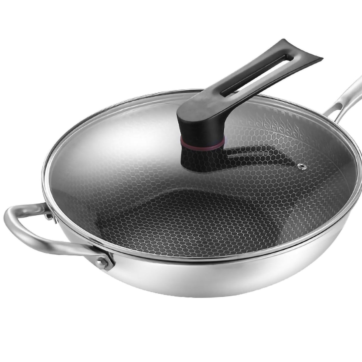Stainless Steel Wok Pan Double Sided Honeycomb 3 Layer Prevent Sticking Easy Cleaning Wok for Kitchen 32cm/12.6in (with Cover and Ears)