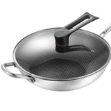 Stainless Steel Wok Pan Double Sided Honeycomb 3 Layer Prevent Sticking Easy Cleaning Wok for Kitchen 32cm/12.6in (with Cover and Ears)