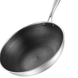 Stainless Steel Wok Pan Double Sided Honeycomb 3 Layer Prevent Sticking Easy Cleaning Wok for Kitchen 34cm/13.4in (No Lid and No Ears)