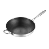 Stainless Steel Wok Pan Double Sided Honeycomb 3 Layer Prevent Sticking Easy Cleaning Wok for Kitchen 34cm/13.4in (No Lid and with Ears)