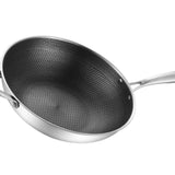 Stainless Steel Wok Pan Double Sided Honeycomb 3 Layer Prevent Sticking Easy Cleaning Wok for Kitchen 34cm/13.4in (No Lid and with Ears)