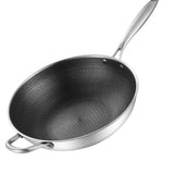 Stainless Steel Wok Pan Double Sided Honeycomb 3 Layer Prevent Sticking Easy Cleaning Wok for Kitchen 34cm/13.4in (No Lid and with Ears) - Side View
