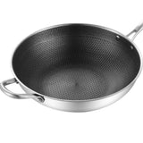 Stainless Steel Wok Pan Double Sided Honeycomb 3 Layer Prevent Sticking Easy Cleaning Wok for Kitchen 34cm/13.4in (No Lid and with Ears) - 45-Degree Angle