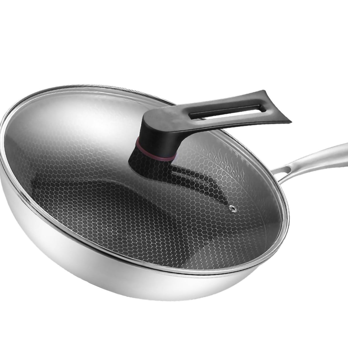 Stainless Steel Wok Pan Double Sided Honeycomb 3 Layer Prevent Sticking Easy Cleaning Wok for Kitchen 34cm/13.4in (with Lid and No Ears)