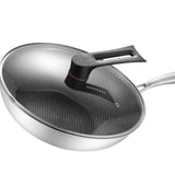 Stainless Steel Wok Pan Double Sided Honeycomb 3 Layer Prevent Sticking Easy Cleaning Wok for Kitchen 34cm/13.4in (with Lid and No Ears)