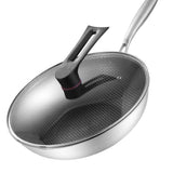 Stainless Steel Wok Pan Double Sided Honeycomb 3 Layer Prevent Sticking Easy Cleaning Wok for Kitchen 34cm/13.4in (with Lid and No Ears)