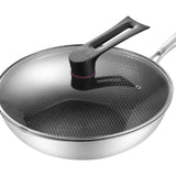 Stainless Steel Wok Pan Double Sided Honeycomb 3 Layer Prevent Sticking Easy Cleaning Wok for Kitchen 34cm/13.4in (with Lid and No Ears)