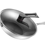 Stainless Steel Wok Pan Double Sided Honeycomb 3 Layer Prevent Sticking Easy Cleaning Wok for Kitchen 34cm/13.4in (with Cover and Ears) - Top-Down View