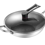 Stainless Steel Wok Pan Double Sided Honeycomb 3 Layer Prevent Sticking Easy Cleaning Wok for Kitchen 34cm/13.4in (with Cover and Ears)