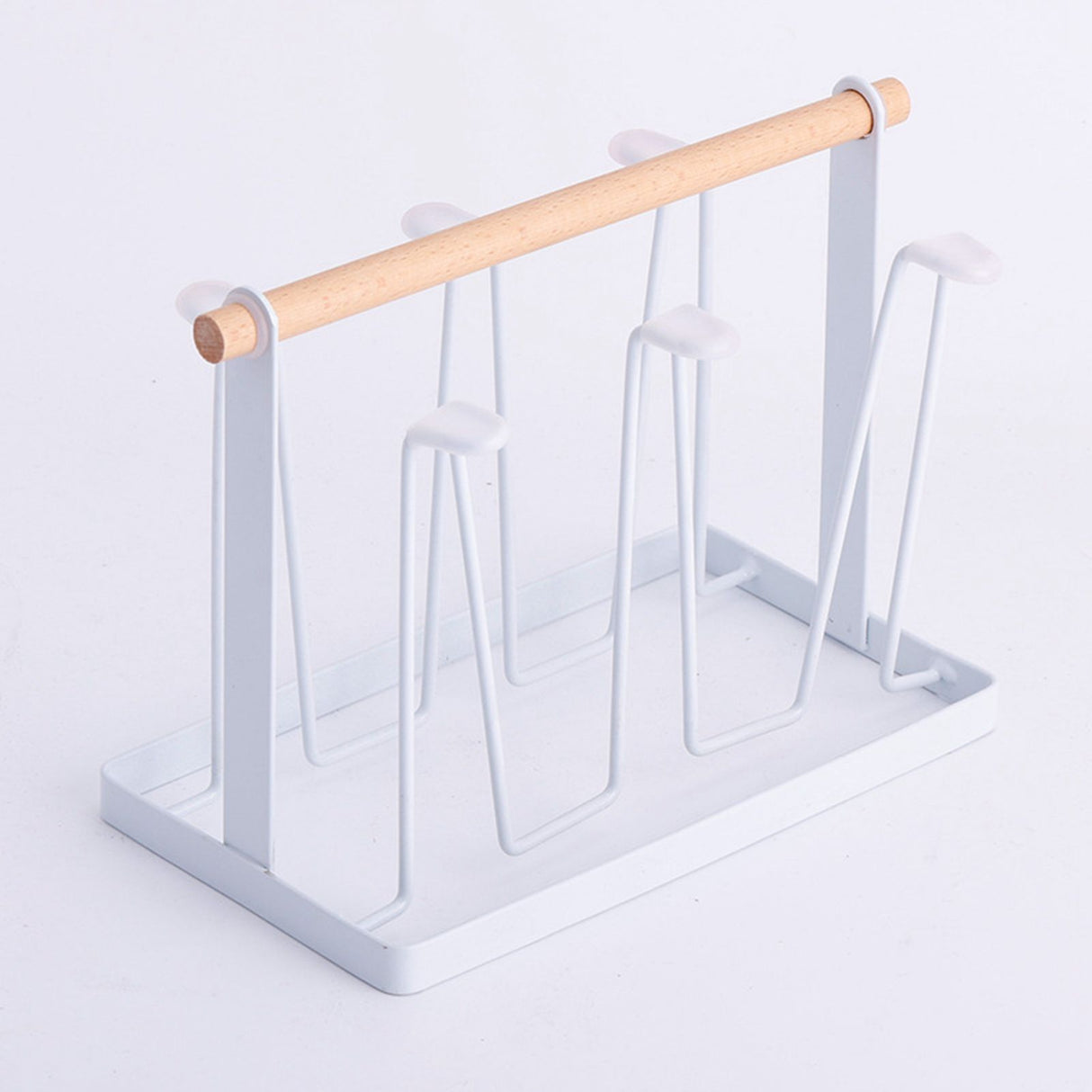 Cup Drying Rack 6 Hooks Wooden Handle Electroplating Iron Art Space Saving 13x23.5x18.5cm Mug Organizers for Home Office White