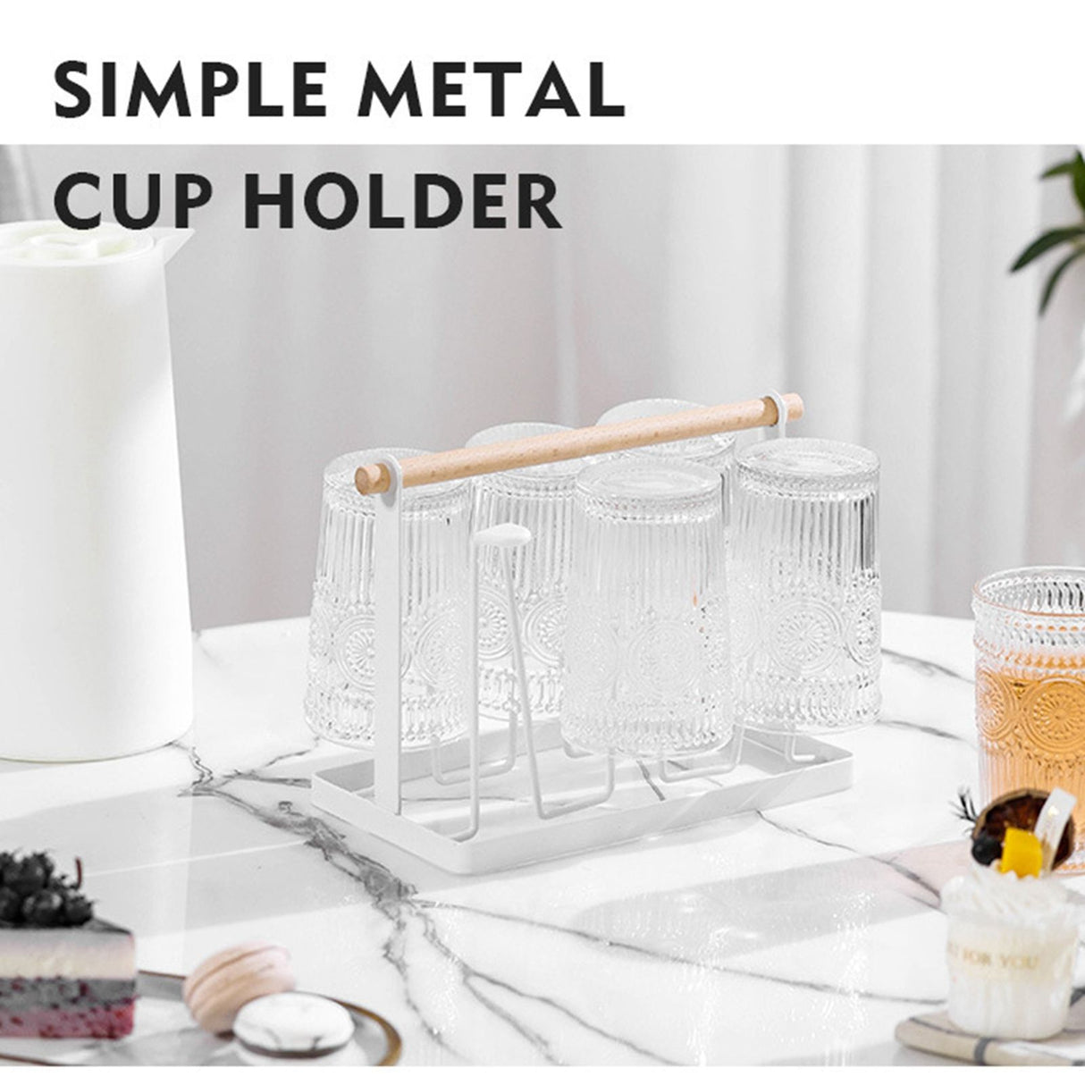 Cup Drying Rack 6 Hooks Wooden Handle Electroplating Iron Art Space Saving 13x23.5x18.5cm Mug Organizers for Home Office White