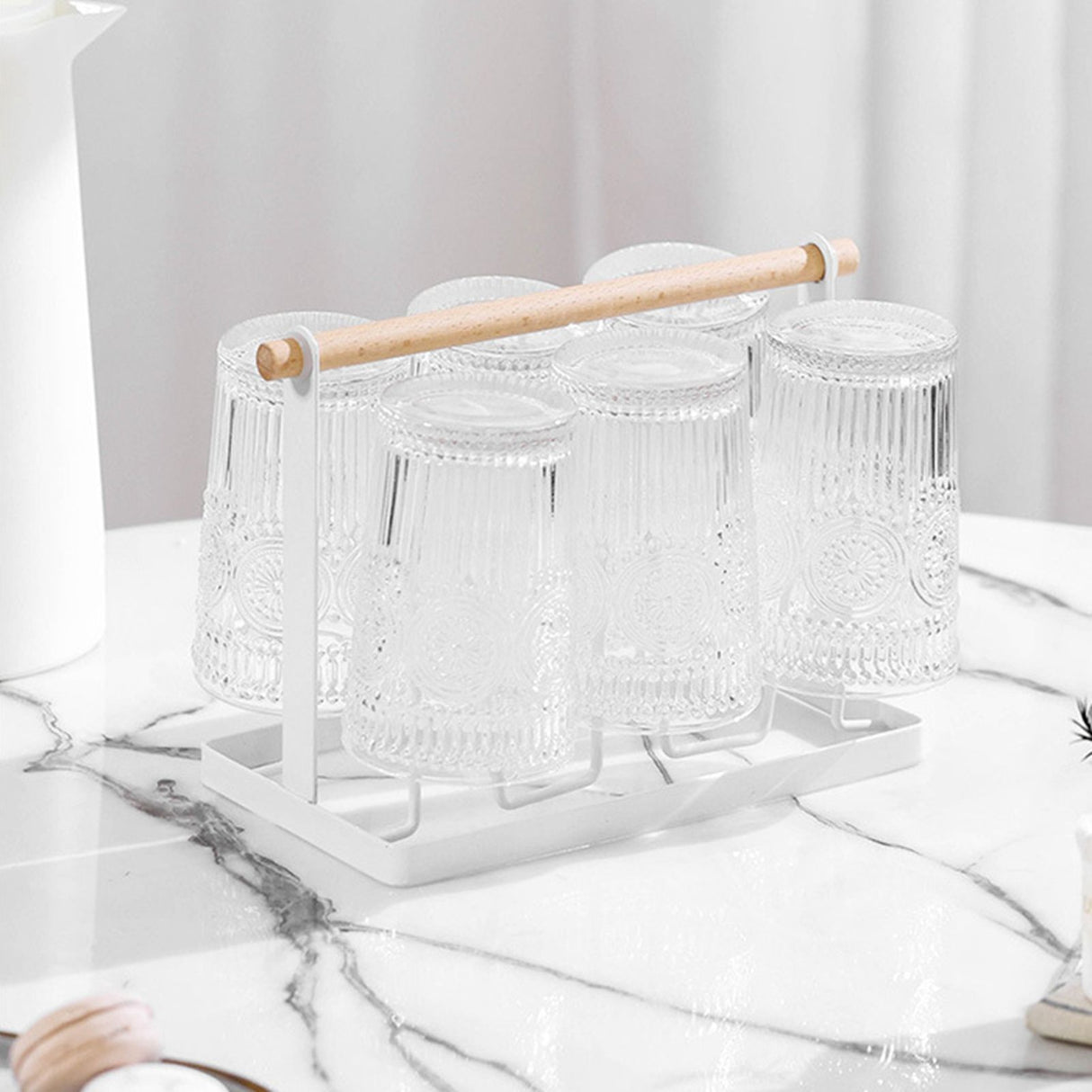 Cup Drying Rack 6 Hooks Wooden Handle Electroplating Iron Art Space Saving 13x23.5x18.5cm Mug Organizers for Home Office White