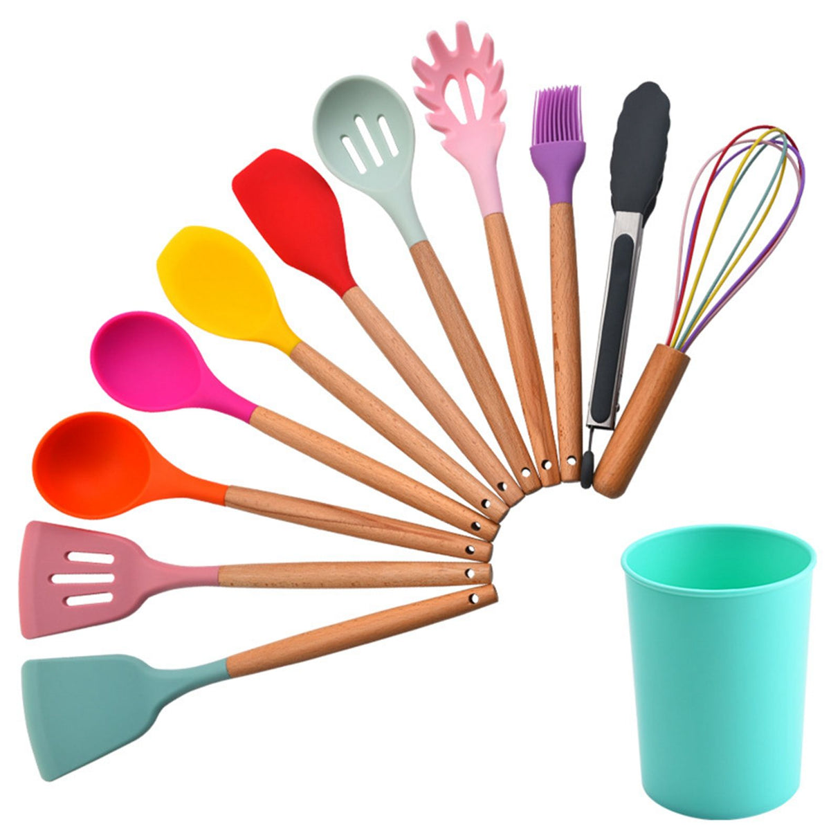 12pcs Cooking Utensils Set Silicone Colorful Wood Handle Cooking Kitchen Utensil Set Colorful