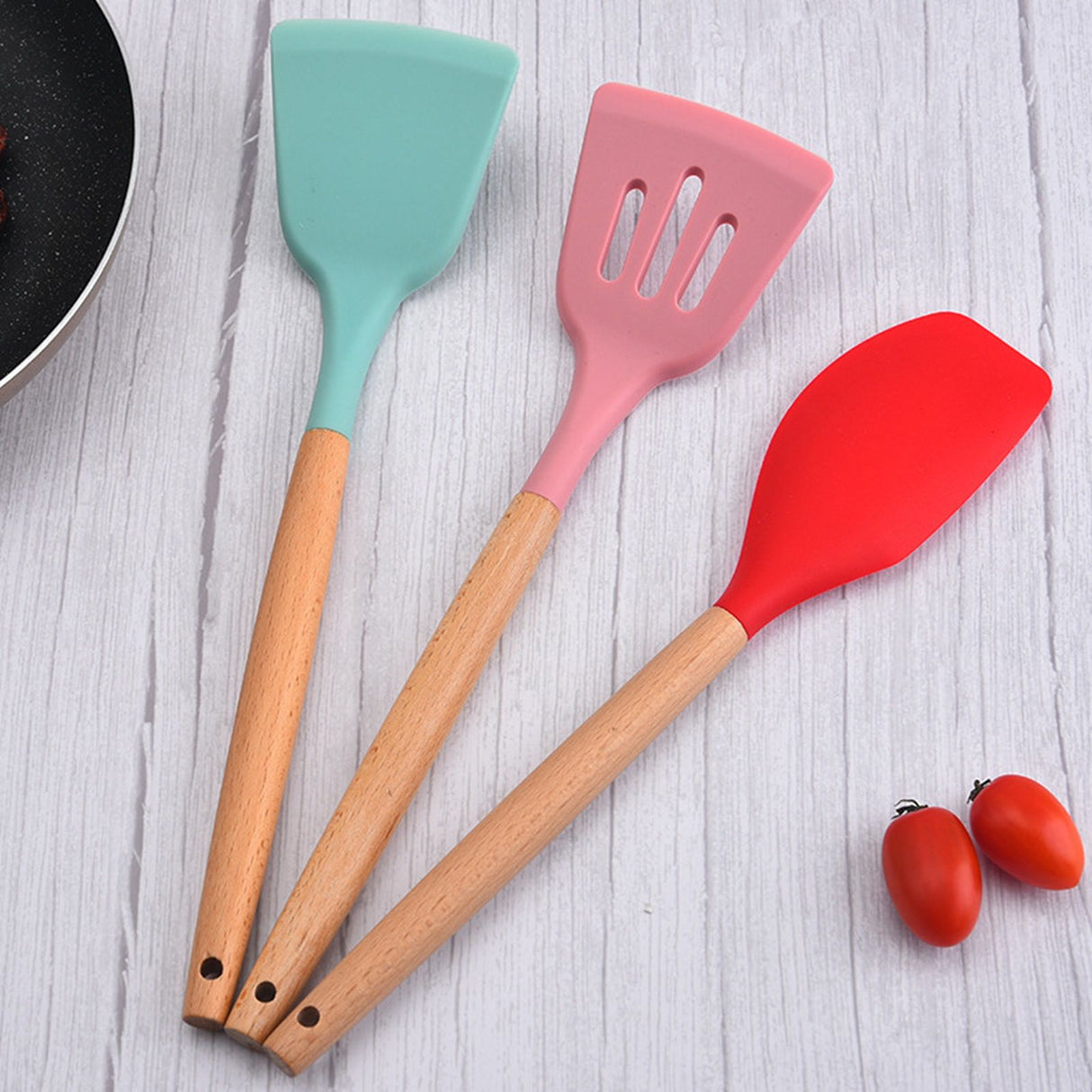 12pcs Cooking Utensils Set Silicone Colorful Wood Handle Cooking Kitchen Utensil Set Colorful