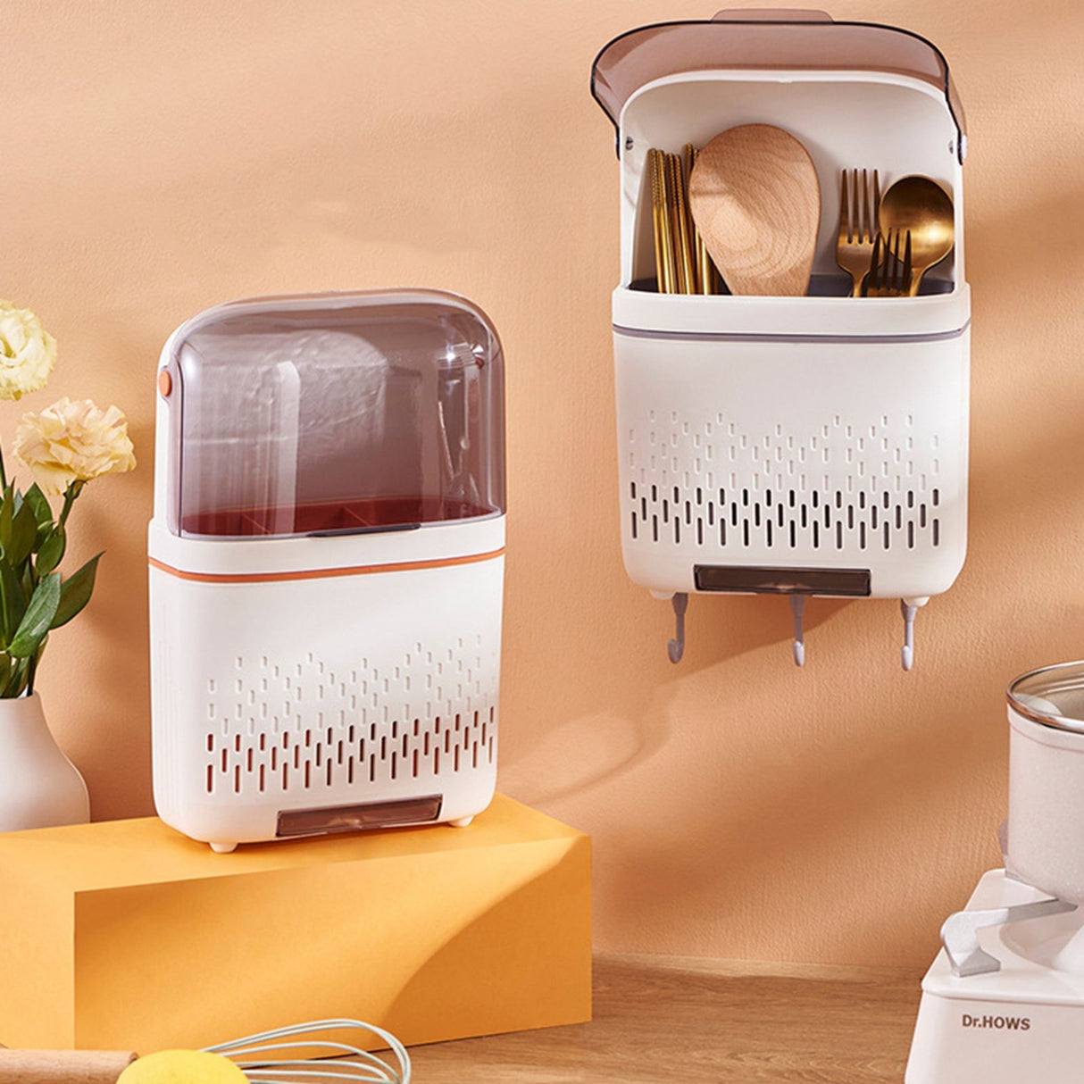 Kitchen Hanging Rack Rustproof Waterproof Compartmental Storage Cutlery Drainer with Cover Moonlight White