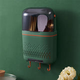 Kitchen Hanging Rack Rustproof Waterproof Compartmental Storage Cutlery Drainer with Cover Coloured Glaze Green - Front View