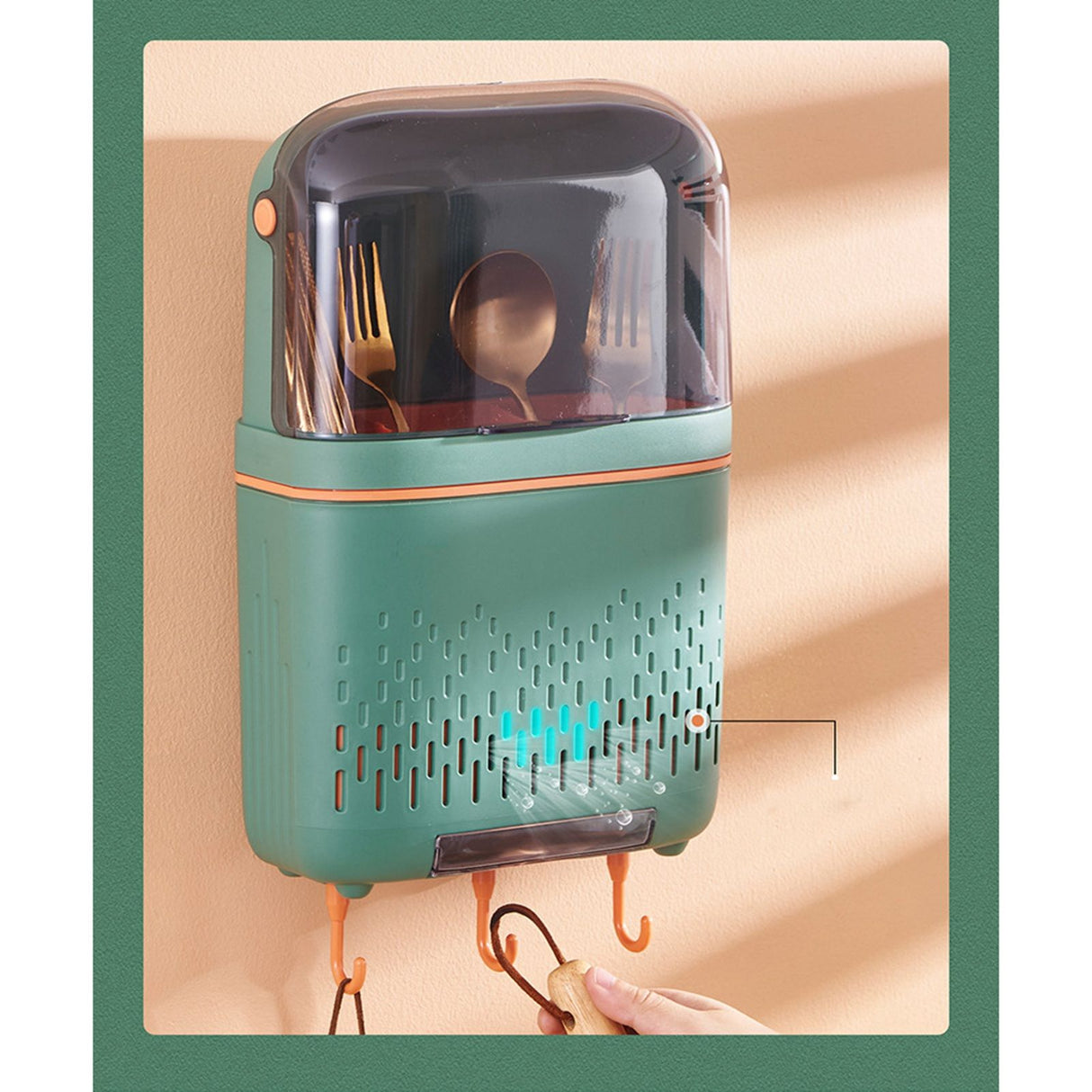 Kitchen Hanging Rack Rustproof Waterproof Compartmental Storage Cutlery Drainer with Cover Coloured Glaze Green