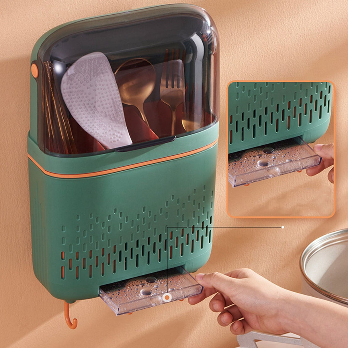 Kitchen Hanging Rack Rustproof Waterproof Compartmental Storage Cutlery Drainer with Cover Coloured Glaze Green