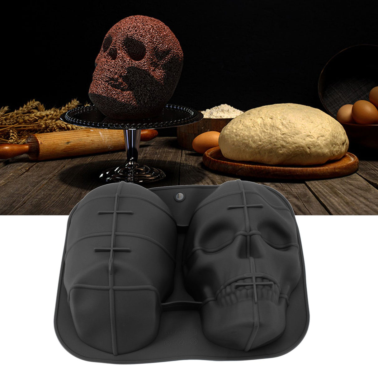 Skull Head Baking Mold Soft Silicone Halloween Skeleton Head Cake Mold for Cake Biscuit Chocolate Candy Ice Black