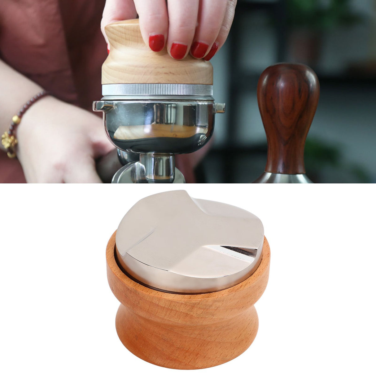 Coffee Distributor Coffee Hand Tamper Adjustable Depth Coffee Leveler Tool with Beech Handle 53mm/2.1in