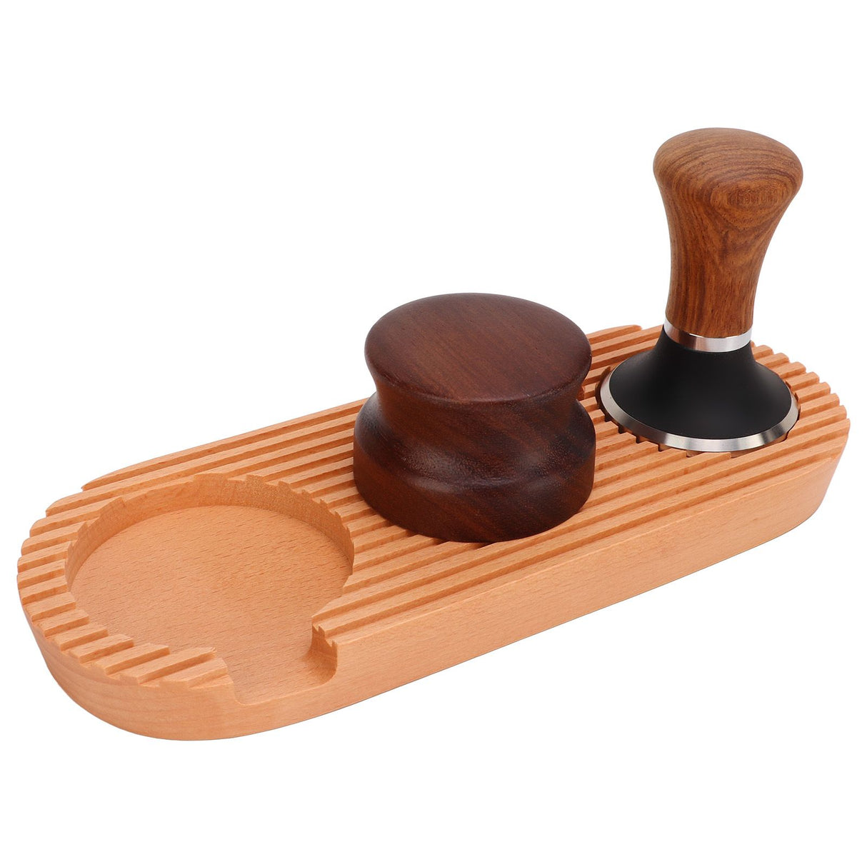 Coffee Tamping Set Wooden Handle Antiskid Coffee Tamper Distributor Station Kit for Kitchen L Base 58mm/2.3in