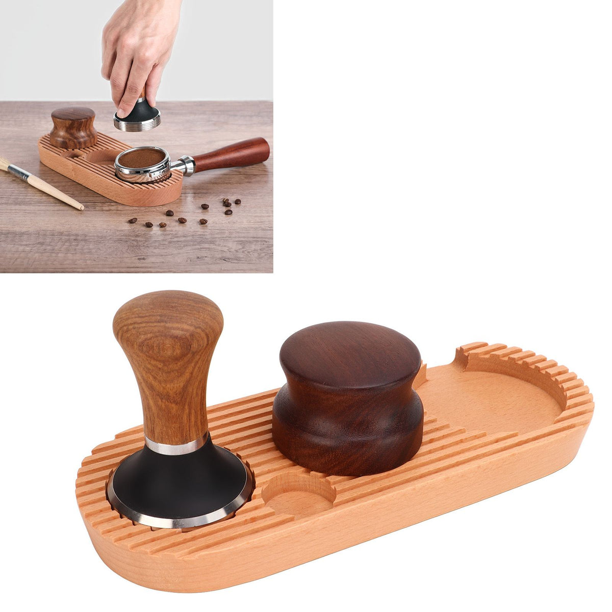 Coffee Tamping Set Wooden Handle Antiskid Coffee Tamper Distributor Station Kit for Kitchen L Base 58mm/2.3in