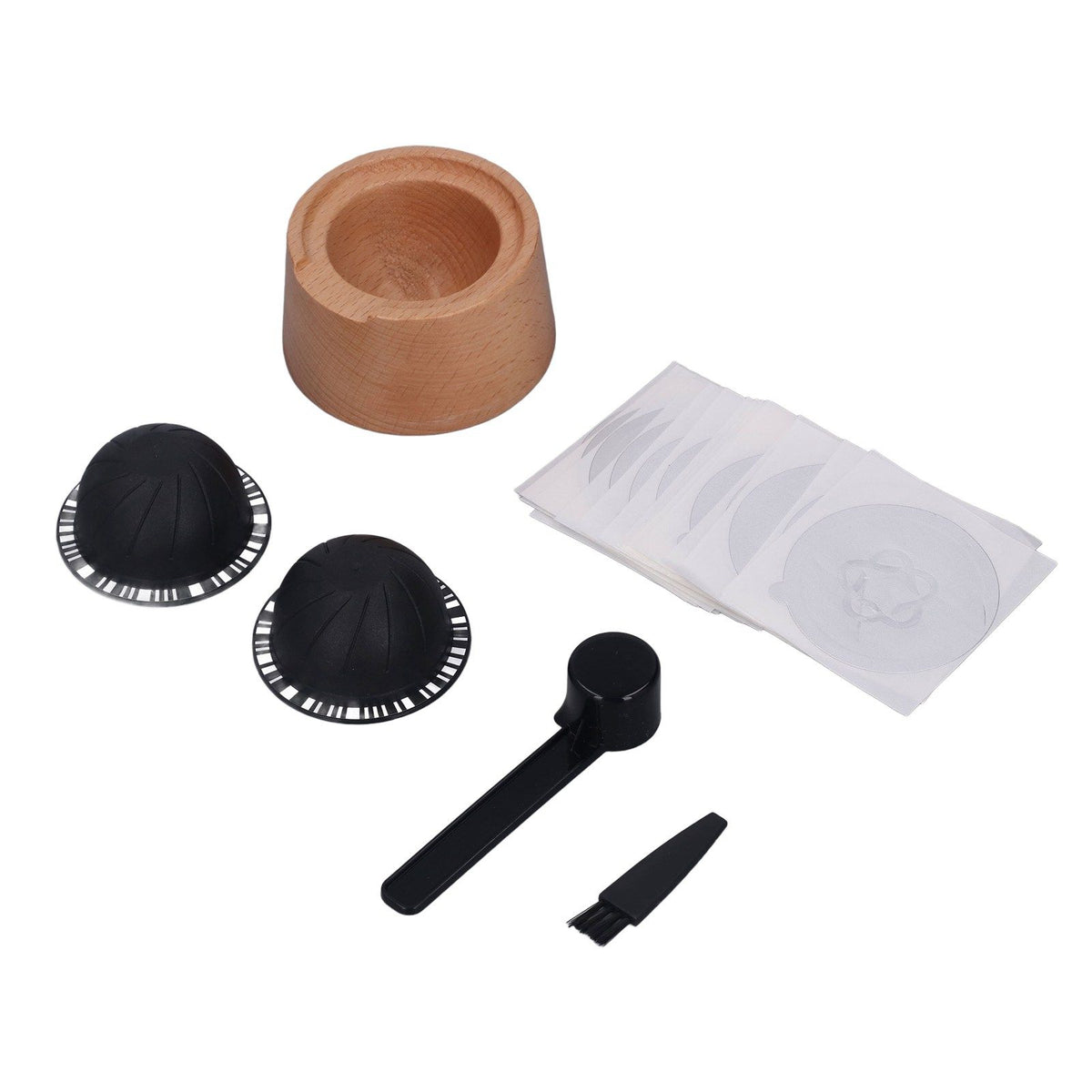 Coffee Capsule Filter Cup Kit Black with Beech Holder Aluminum Foil Spoon Brush 230ml Reusable Coffee Powder Filler