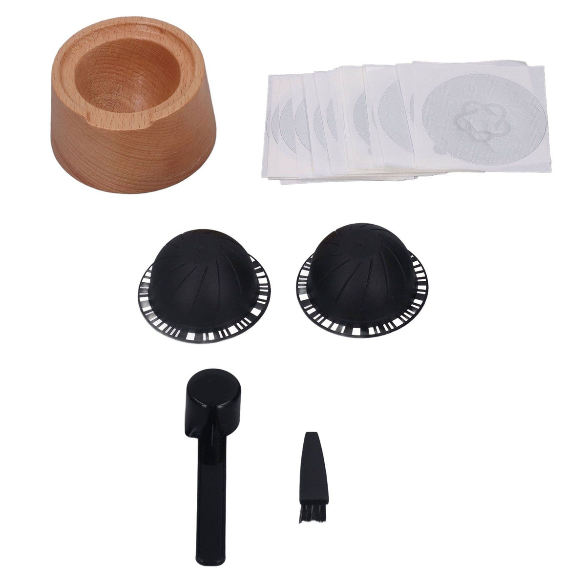 Coffee Capsule Filter Cup Kit Black with Beech Holder Aluminum Foil Spoon Brush 230ml Reusable Coffee Powder Filler
