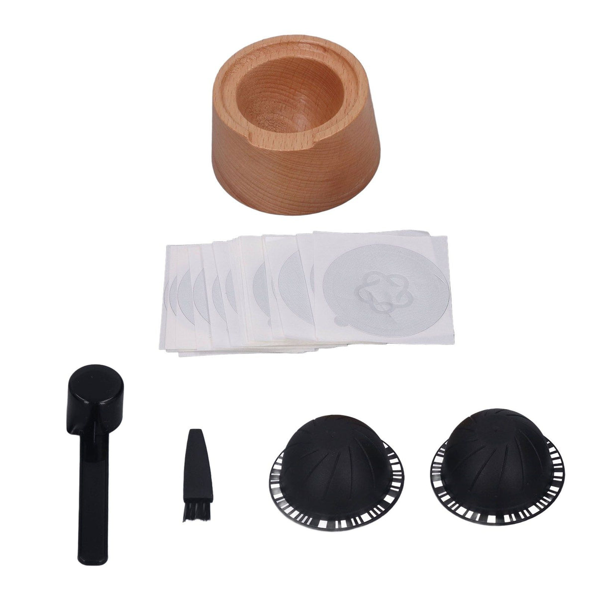 Coffee Capsule Filter Cup Kit Black with Beech Holder Aluminum Foil Spoon Brush 230ml Reusable Coffee Powder Filler
