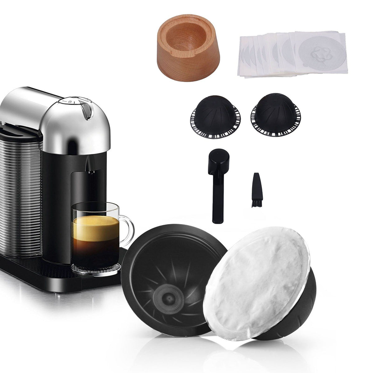 Coffee Capsule Filter Cup Kit Black with Beech Holder Aluminum Foil Spoon Brush 230ml Reusable Coffee Powder Filler