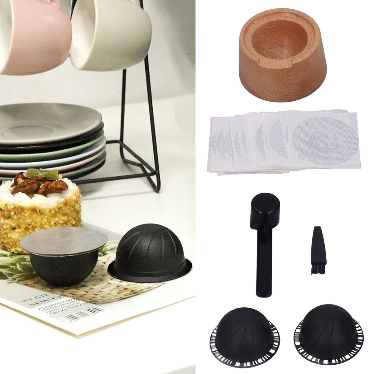 Coffee Capsule Filter Cup Kit Black with Beech Holder Aluminum Foil Spoon Brush 230ml Reusable Coffee Powder Filler