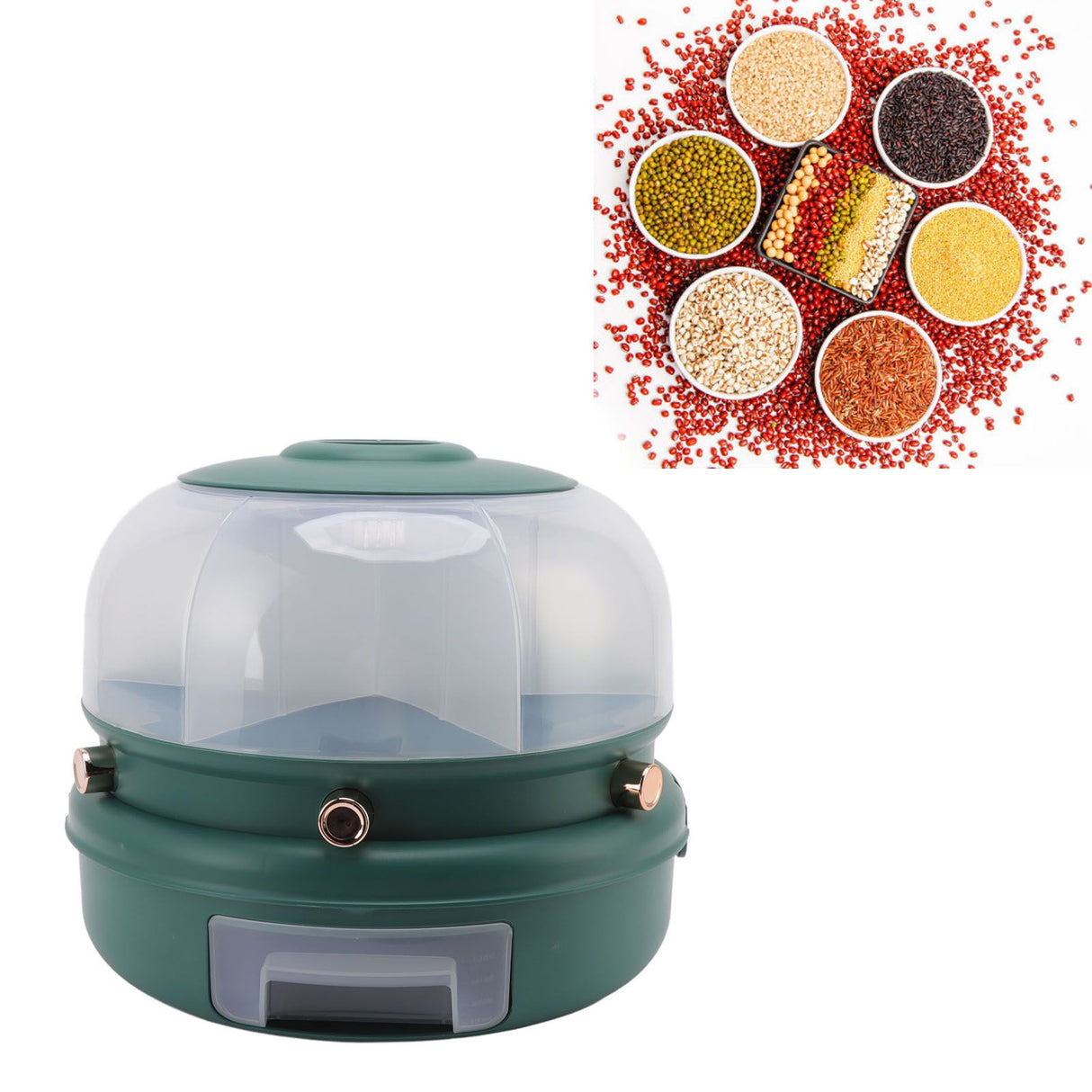 Stackable Grain Storage Container Single Layer 6 Grids Rotating Rice Dispenser for Kitchen Organization Dark Green