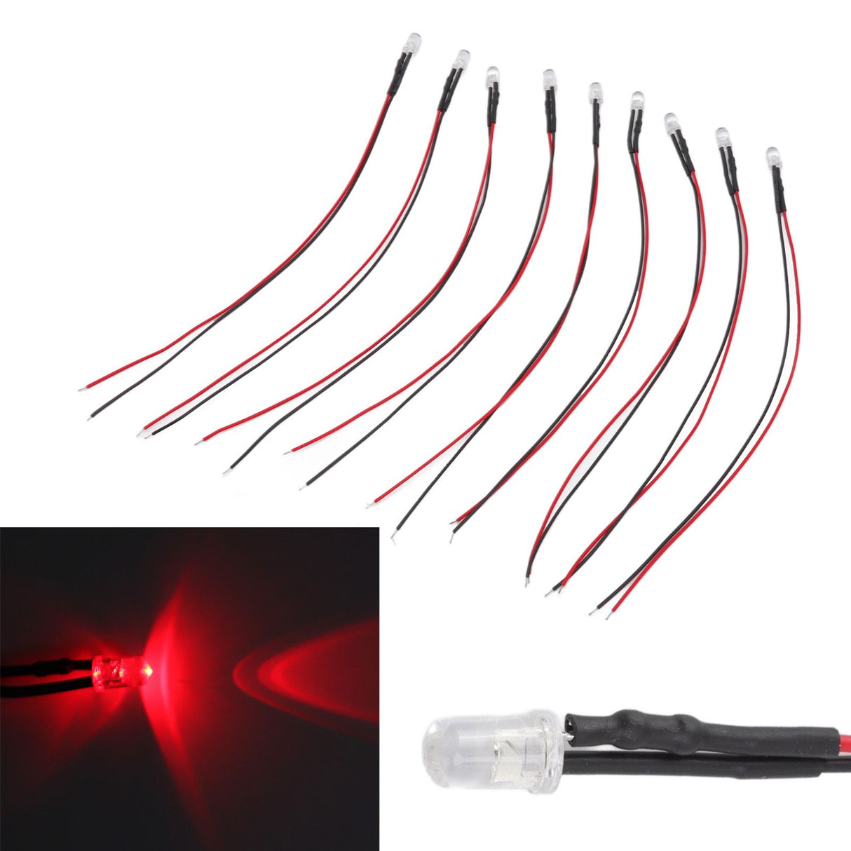 10pcs Lights Emitting Diodes 5mm Prewired Electronic LED Light Diodes for Decoration 5‑12V Red Light