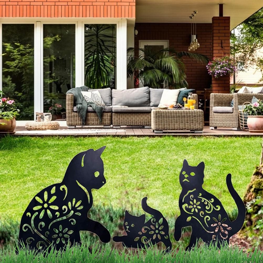 3PCS Metal Cat Decorative Garden Stakes Cat Silhouette Garden Decoration for Outdoor Lawn Ornaments Yard Sign