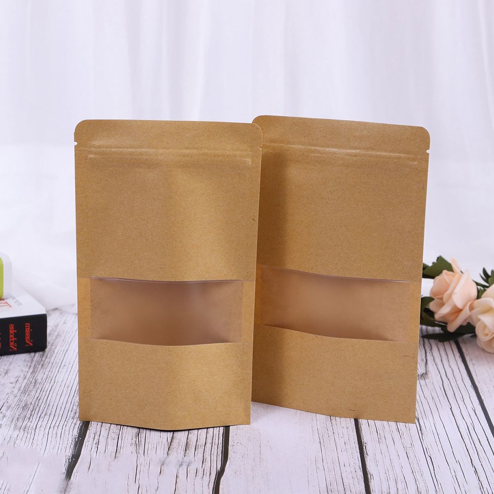50Pcs Stand Up Pouch Bags Kraft Pouches with Tear Notch and Matte Window Resealable Zip Lock Food Storage Bags