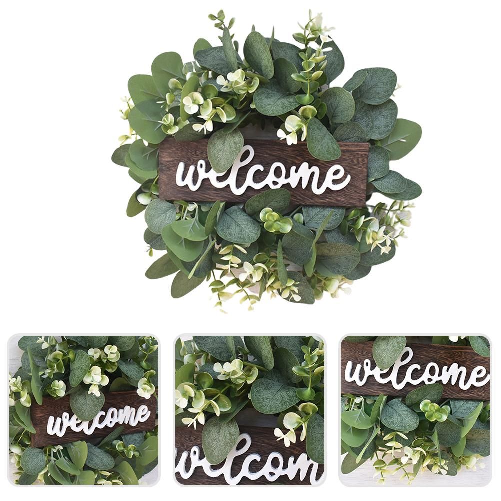 Artificial Wreath Leaves Branch Garland Welcome Sign Door Wreath Welcome Door Sign Wall Wreath for Living Room Wall Decoration