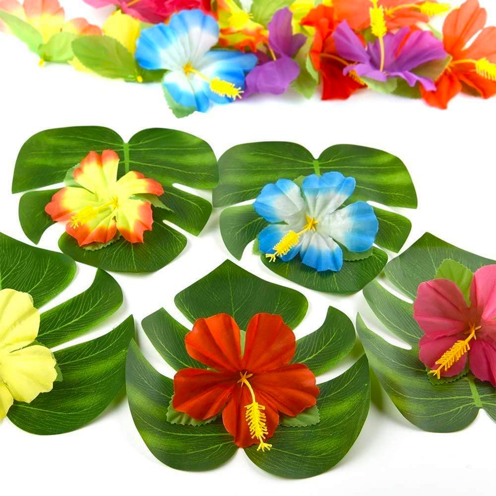 108 Pieces Hawaiian Tropical Party Decoration Set Leaves Flowers Umbrellas for Hawaiian Party Beach Theme