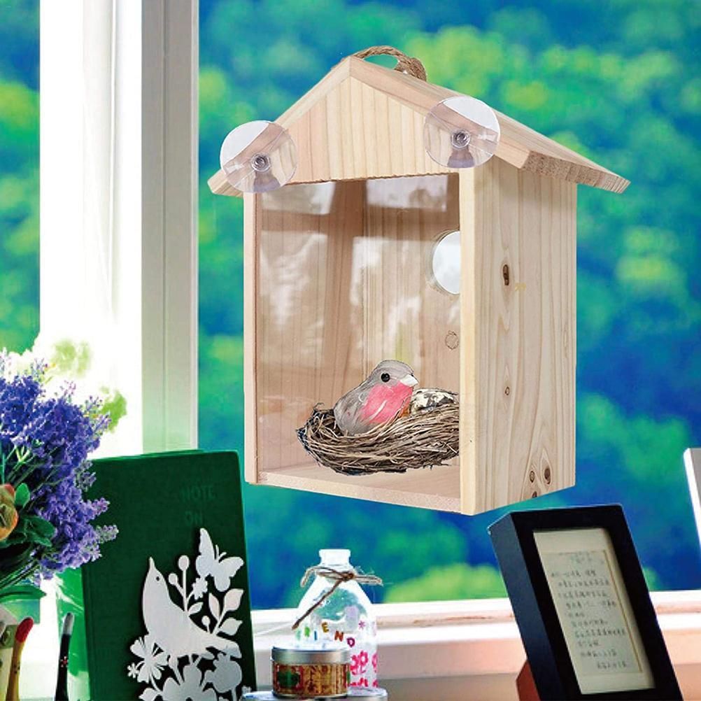 Birdhouse Bird Feeder Wooden Hanging Nest Box Outdoor Window Cage with Suction Cups