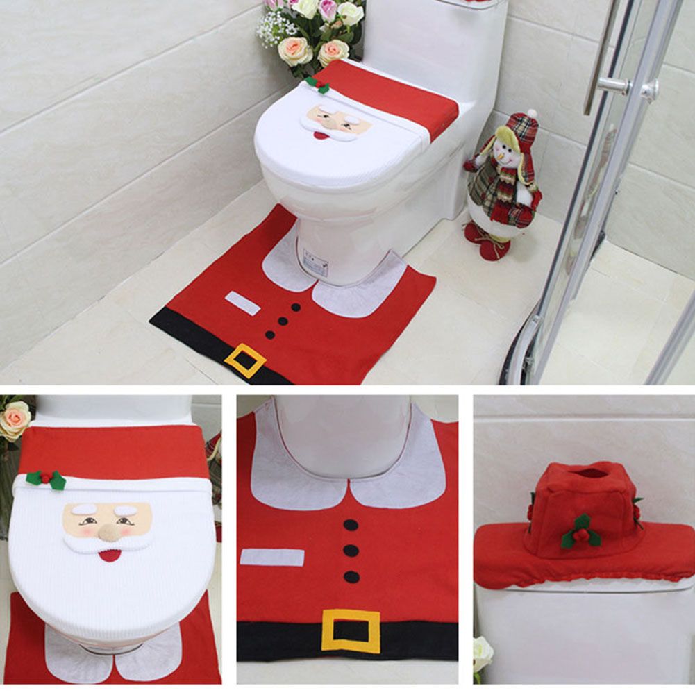 Christmas Pattern Mildew Proof Waterproof Bathroom Toilet Seat Cover Foot Pad and Water Tank Cover Set