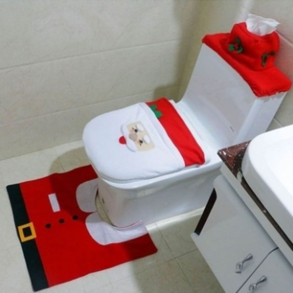 Christmas Pattern Mildew Proof Waterproof Bathroom Toilet Seat Cover Foot Pad and Water Tank Cover Set