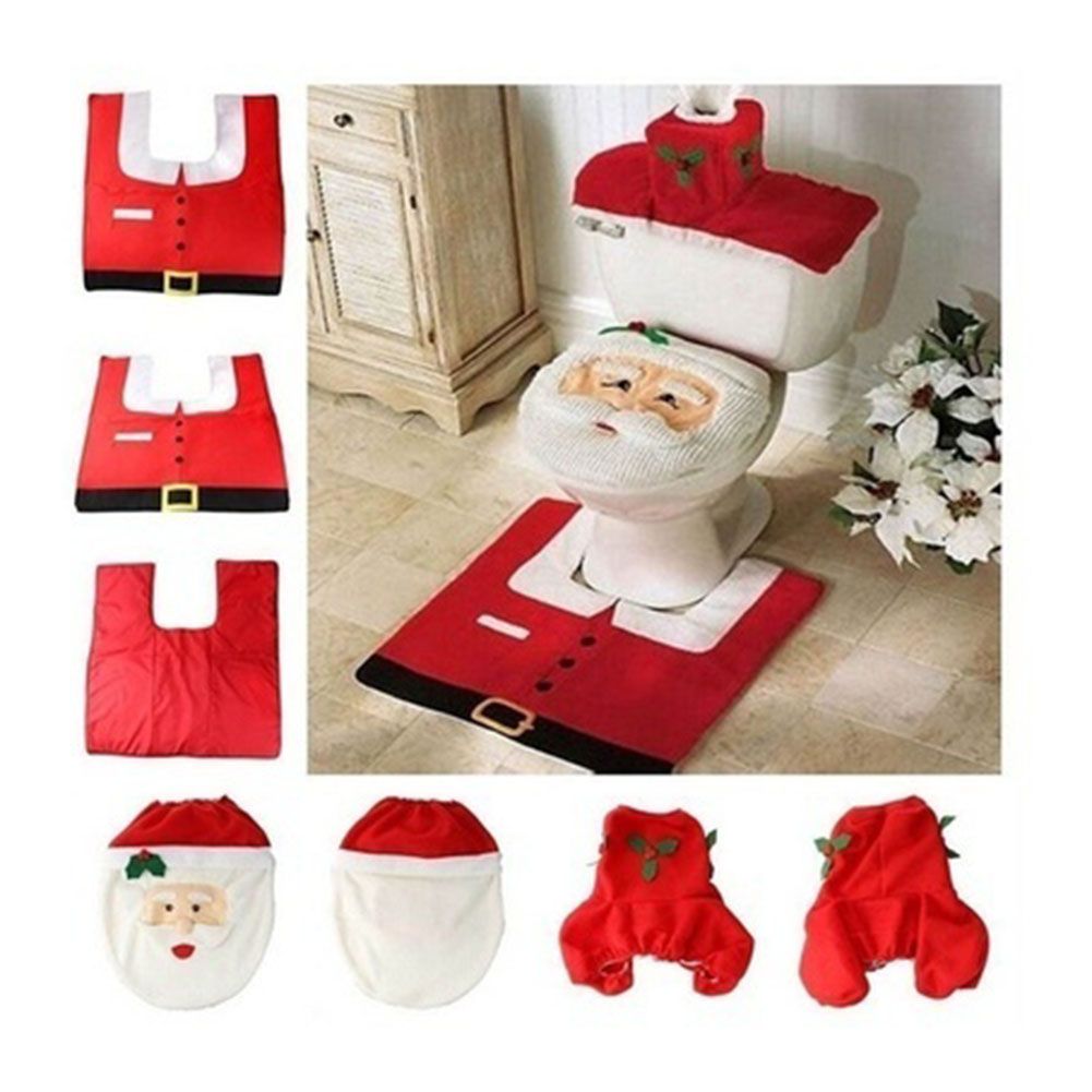 Christmas Pattern Mildew Proof Waterproof Bathroom Toilet Seat Cover Foot Pad and Water Tank Cover Set